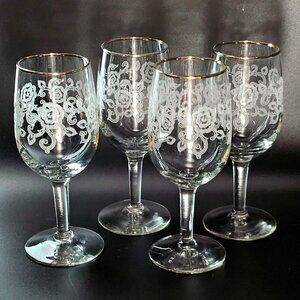 4 Libbey Rose Etching Wine Glasses 6" floral scrolls gold trim 1970s romantic el